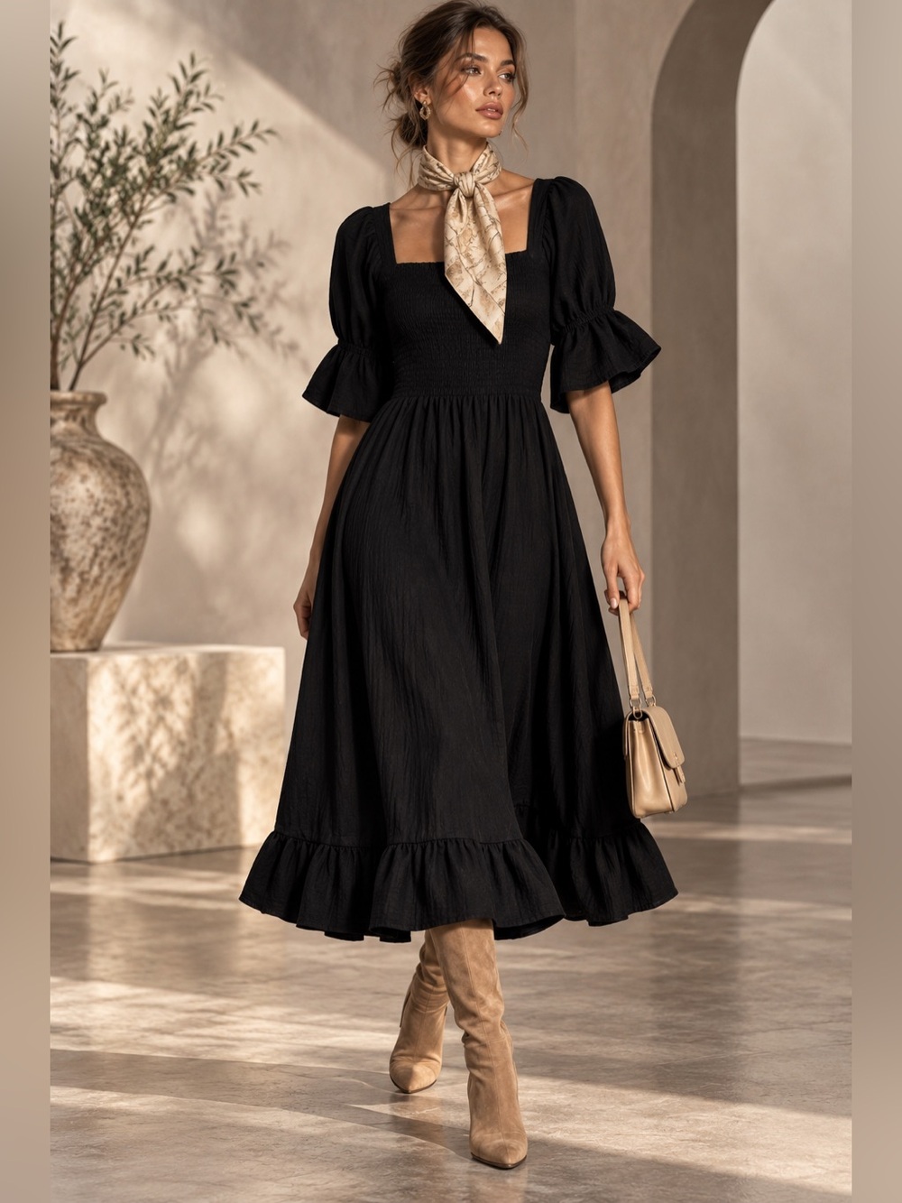 NWT Angashion XL Black Smocked Midi Dress Puff Sleeve Square Neck Cottagecore
